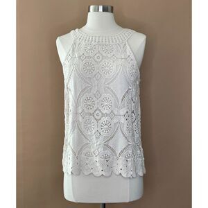 ADIVA Cream Crochet Lace Tank Top XS Sleeveless Boho Lined Scalloped Hem